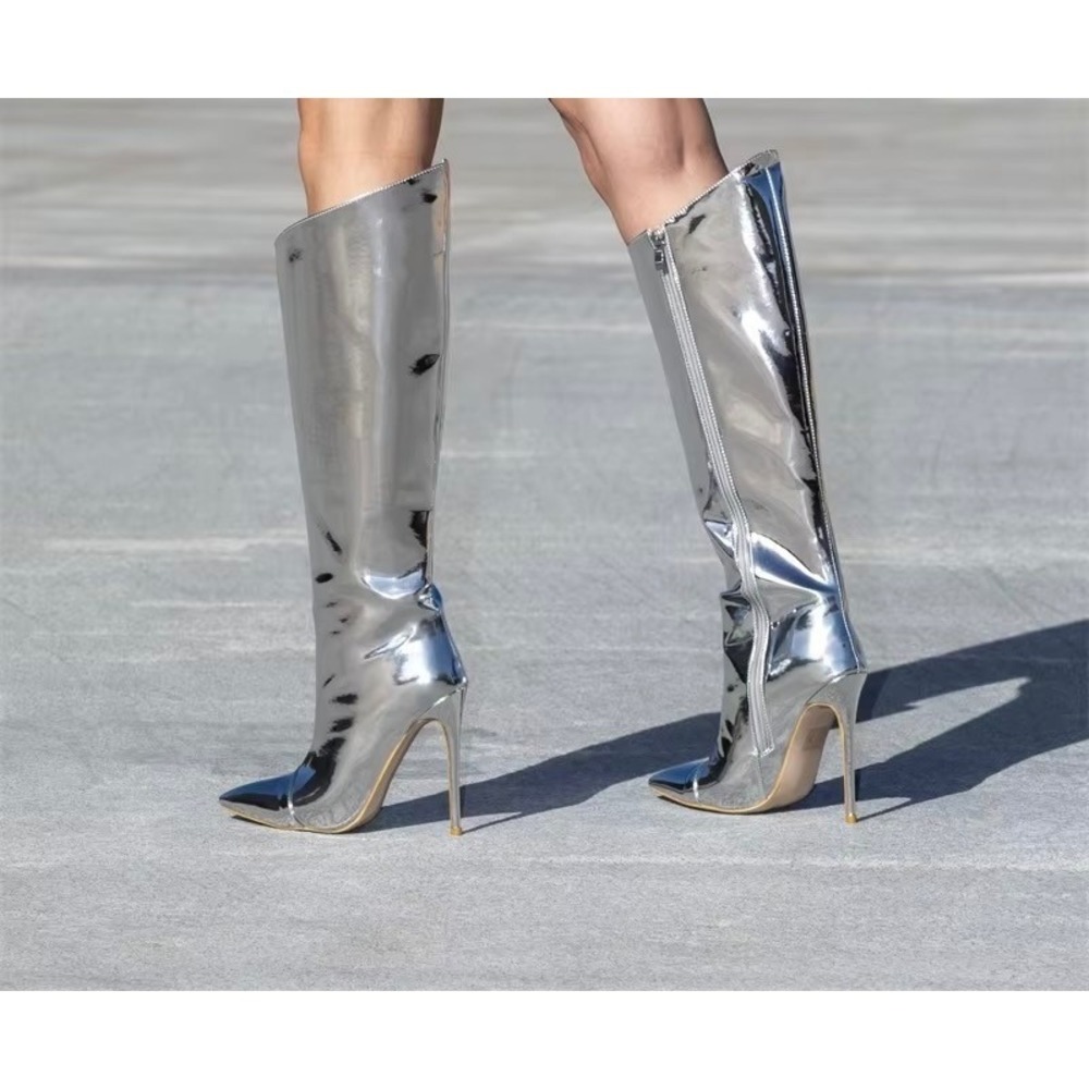 Metallic Silver Mirror Knee High Stiletto Boots Pointedβ Toe Size 43 10.5 US